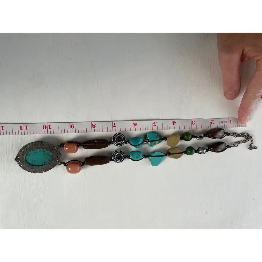 Vintage Faux Turquoise Necklace Howlite Glass Wood Metal Beading Leather Cord‎